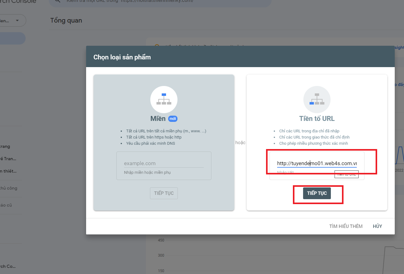 Paste link web và click Tiếp tục
